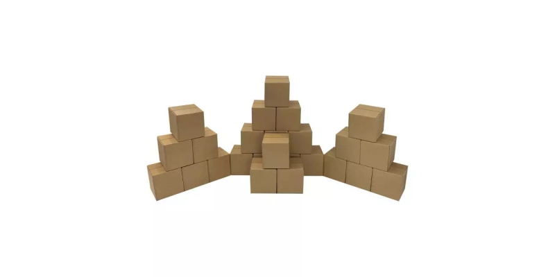 Stacks of brown cardboard boxes arranged in three pyramidal formations against a white background.