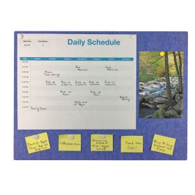 dark blue bulletin board with calendar, picture and written notes