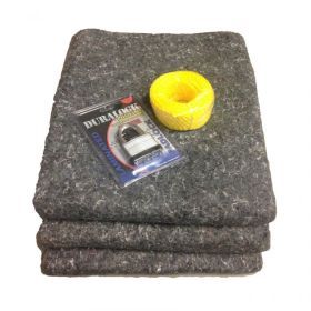 Kit for UBMOVE includes 12 Textile Moving Blankets, 1 lock and 2 container straps