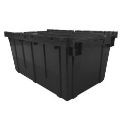 Affordable black plastic storage tote with attached lid 
