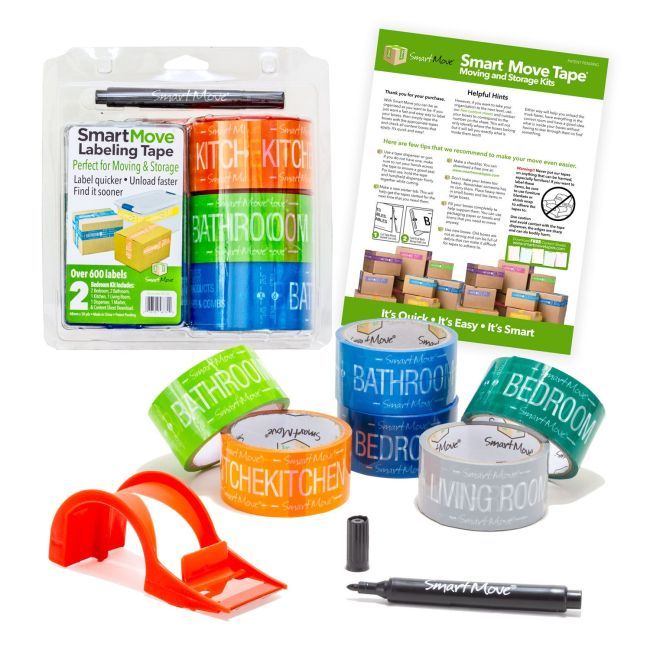 Smart Move Labeling Tape 2 Bedroom Kit: 12 Bedroom Tape Teal and Dark Blue, 2 Bathroom Tape Blue and Green, 1 Orange Kitchen Tape, 1 Grey Living Room Tape, Clamshell Tape Dispenser, 1 Marker